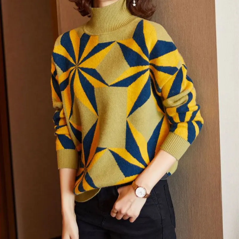 Women's Clothing Argyle Geometric Spliced Sweaters Autumn Winter Turtleneck Stylish Contrasting Colors All-match Knitted Jumpers