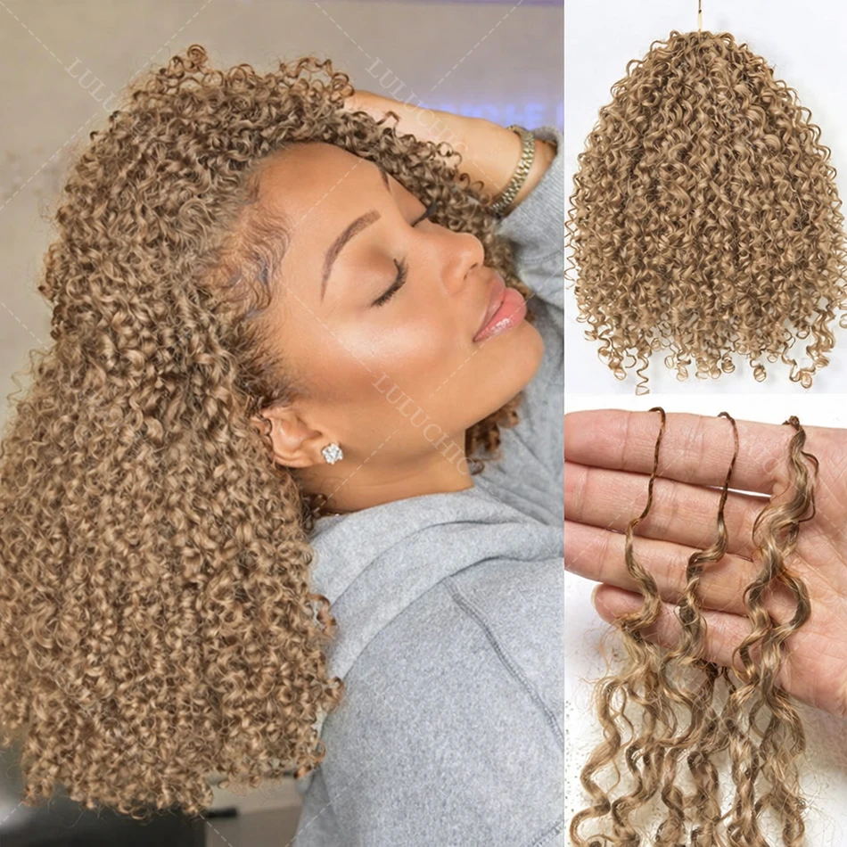 Honigblond, wiederverwendbar, kleine Spiralen, lockiges Häkelhaar, knotenlos, vorgetrennt, verworrene, lockige, gehäkelte Echthaarverlängerungen mit Federn