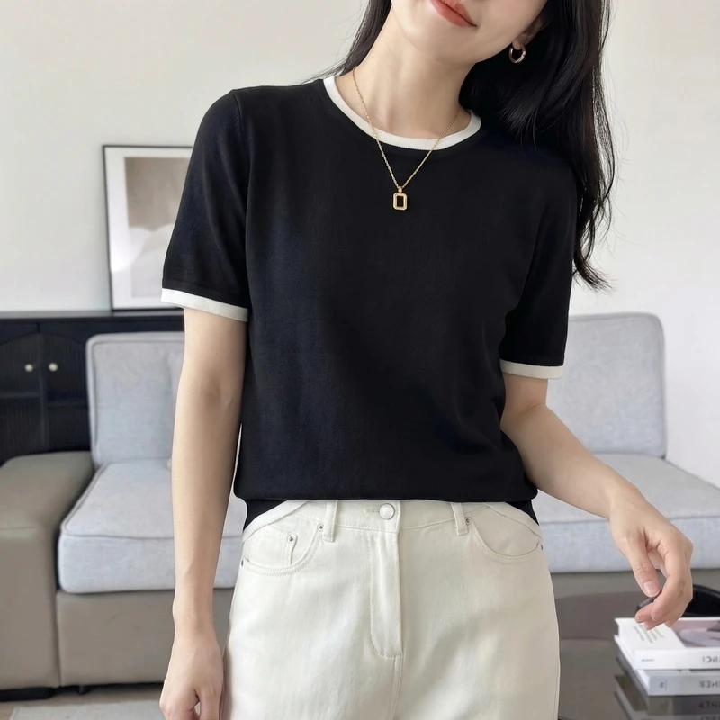 Women's Lightweight Knit Sweater Top - Short Sleeve Crew Neck