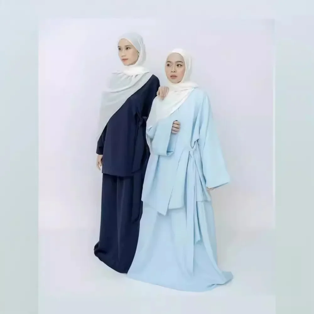 

2026 Muslim Women Matching Sets Long Sleeve Solid Color Tops And Loose Skirt Suits Elegant Fashion Casual Tracksuit Kaftan Arab