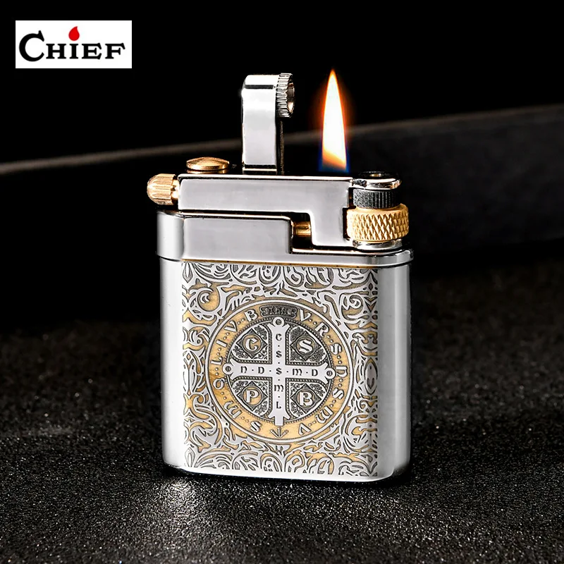 Chief Brass Liquid Lighter Creative Slide Ignition Metal Gasolin e Lighter Refuelable Vintage Classic Lighter