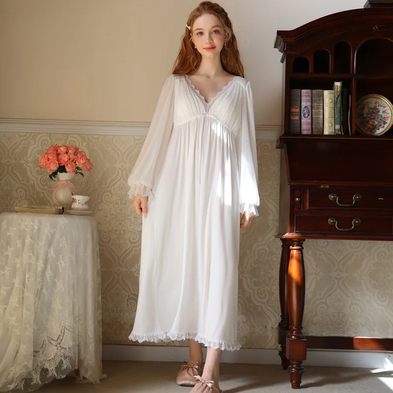 

Sexy Lace V-Neck Modal Night Dress Women Vintage Nightgowns Ladies Nightwear Princess Sleepwear