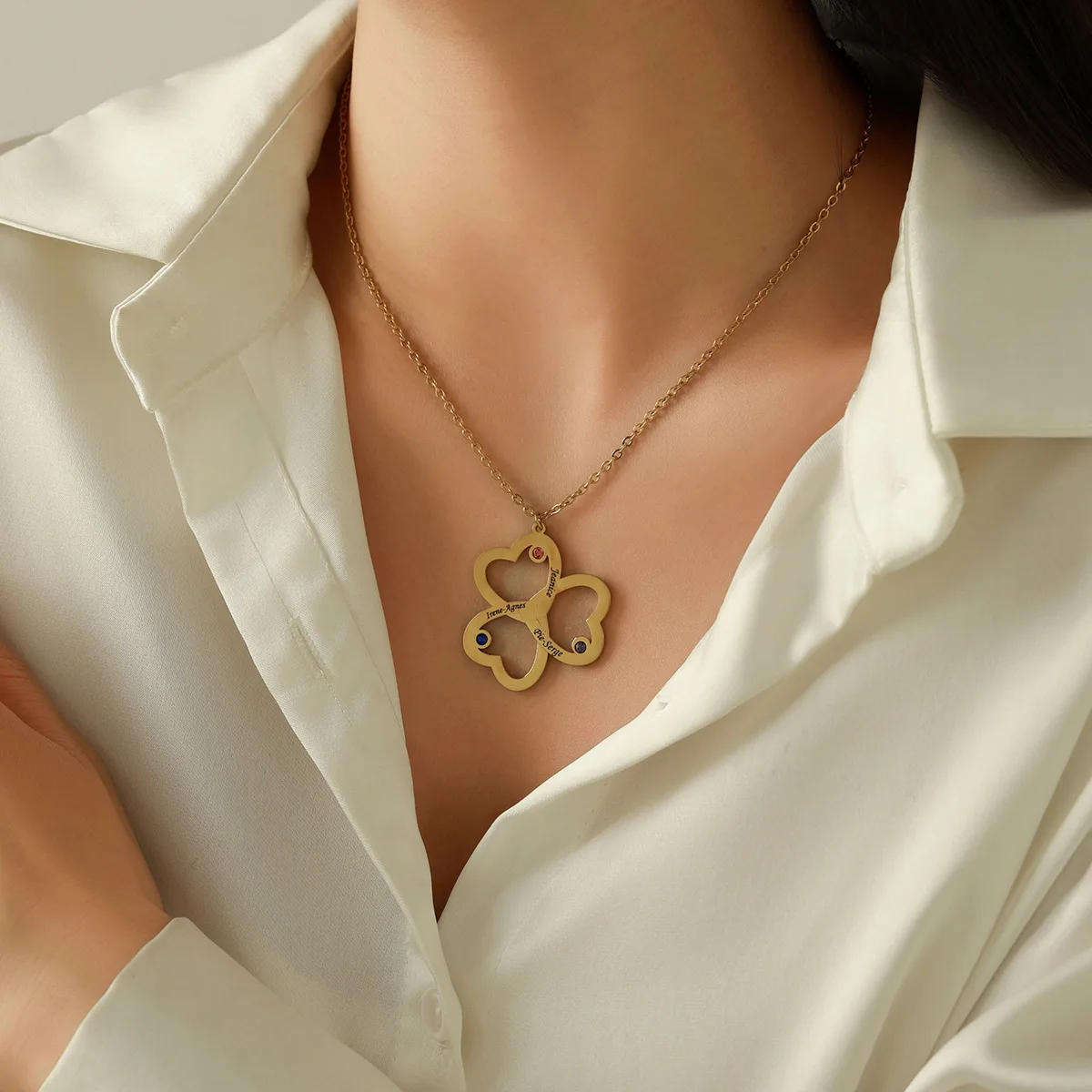 

LOVEE&NAME Custom Three Names Necklace with Birthstones Hearts Pendant Personalized Zircon Necklace Women Jewelry Drop shipping