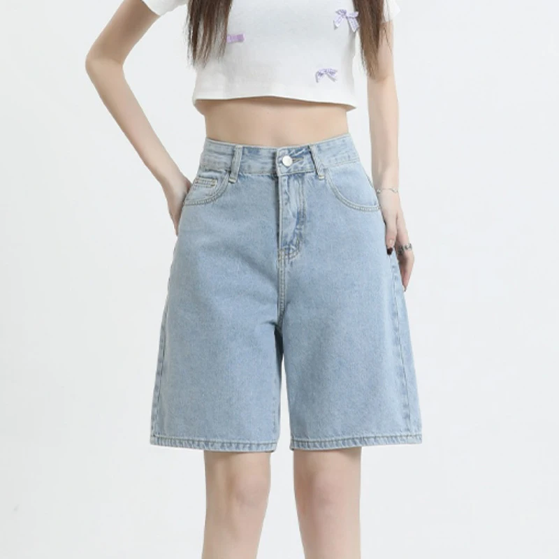 Women's High Waisted Denim Shorts Korean Fashion Y2k Bottoms White Retro Blue Black Jeans Knee Length Female Summer