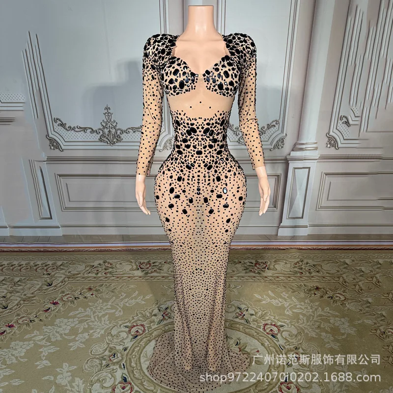 Luxo ouro diamante sexy malha temperamento vestido adulto modelo passarela roupas da moda empresa reunião anual vestido de noite vestito