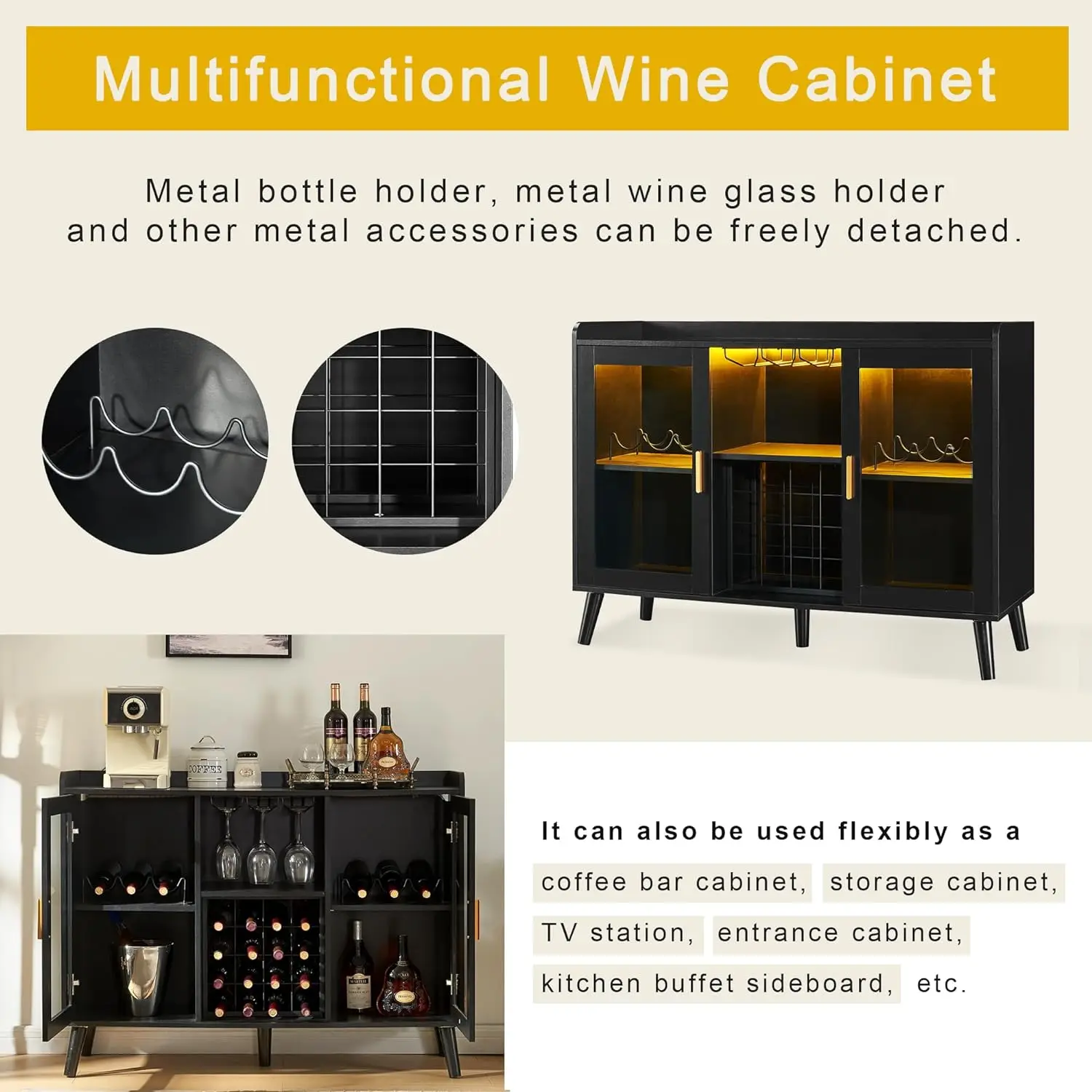 47.2" Modern Black Coffee Bar Cabinet w/ LED Lights & Door, Kitchen Buffet Sideboard with Wine Glass Rack for Dining Room