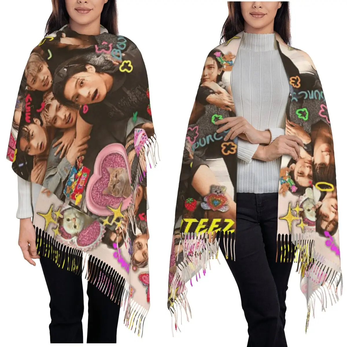 Kpop ستار المغني المعبود ATEEZ ATINY وشاح شرابة الأوشحة النساء شالات دافئة لينة ويلتف كبير الخريف الشتاء شال التفاف