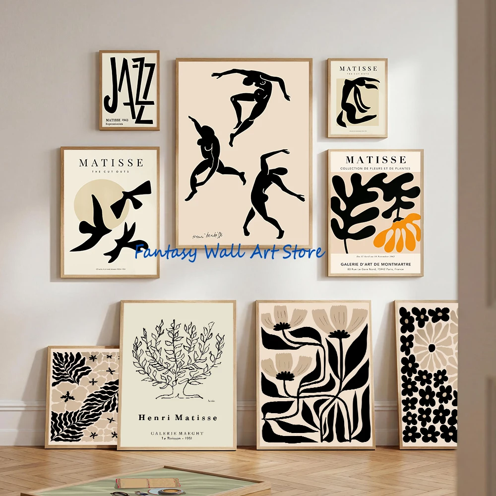 Abstract Flowers Matisse Black Beige Floral Poster Matisse Botanical Cut Outs Exhibition Canvas Printing Vintage Home Room Decor