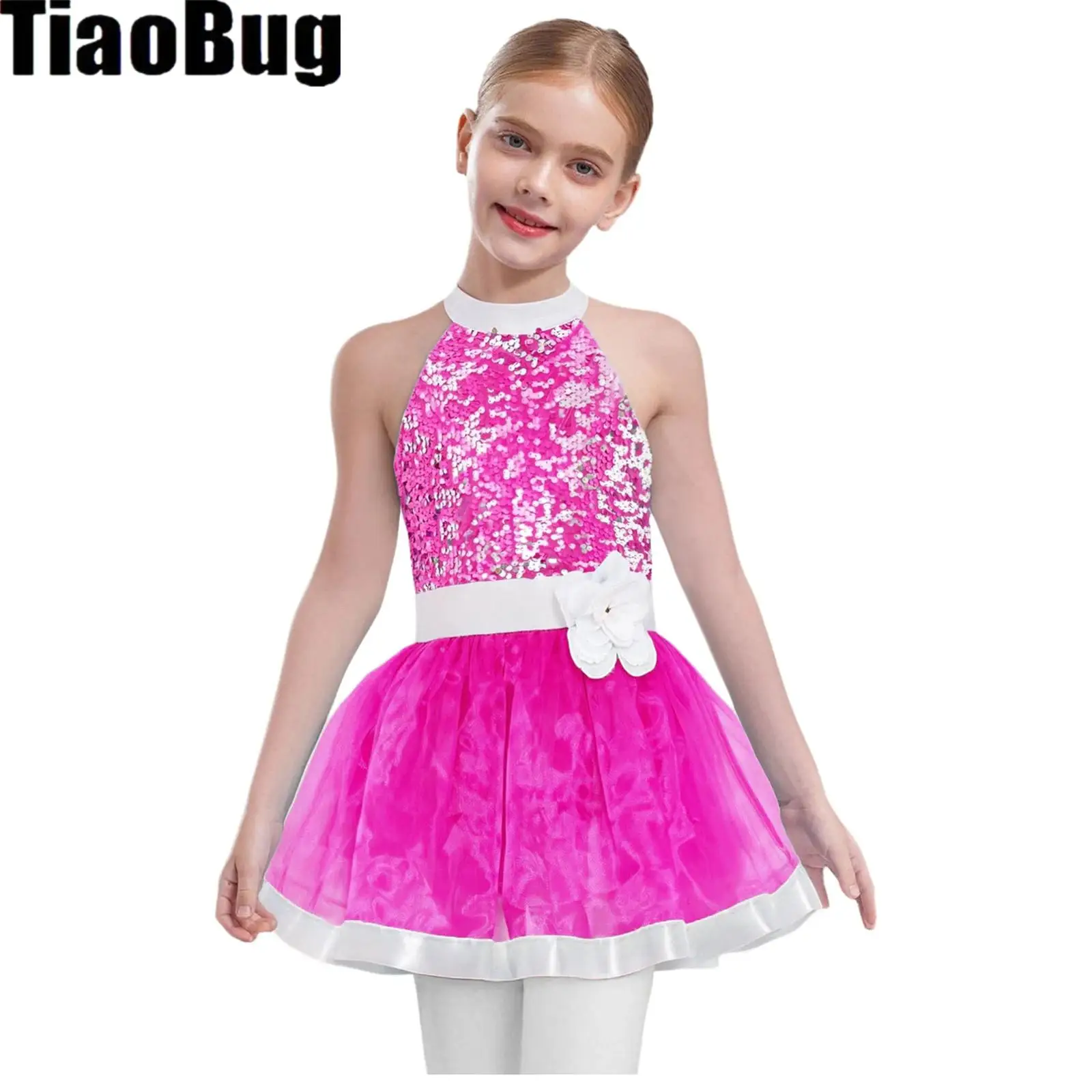 

Kids Girls Shiny Sequins Dress Layered Tulle Ballet Dance Dresses Sleeveless Cutout Back Tutu Dress with Built-in Briefs