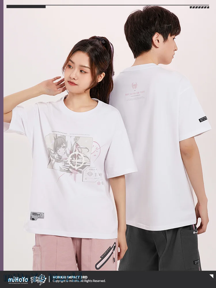 MiHoYo Official Genuine Honkai Impact 3 Elysia Story Themed T-shirt Doujin Elysia Summer Costume Pink Cosplay Couple's Wear Gift