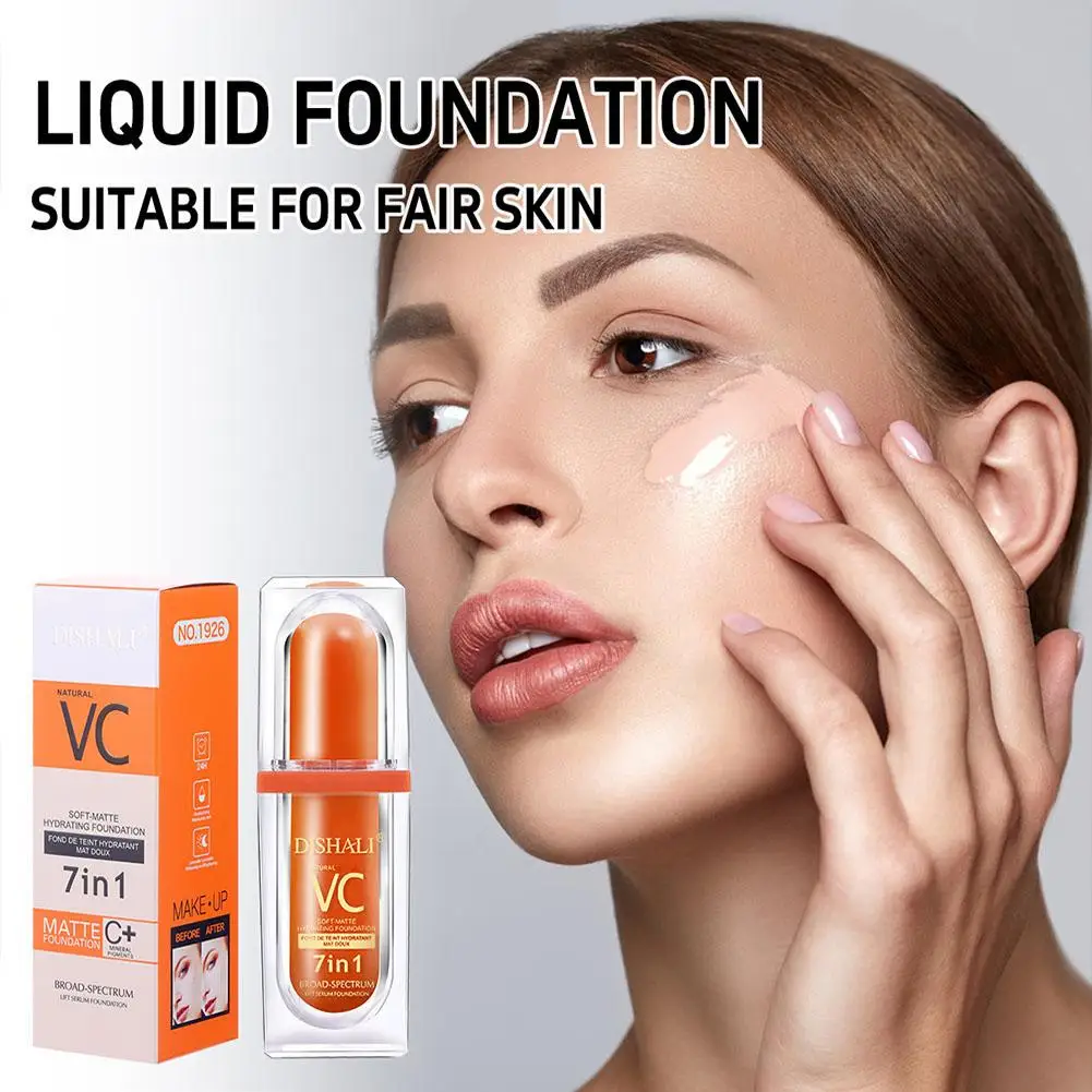 30ml VC 7In1 Foundation Natural Matte Poreless Liquid  Foundation Makeup Oil-Free Moisturizing Long Lasting Waterproof Concealer