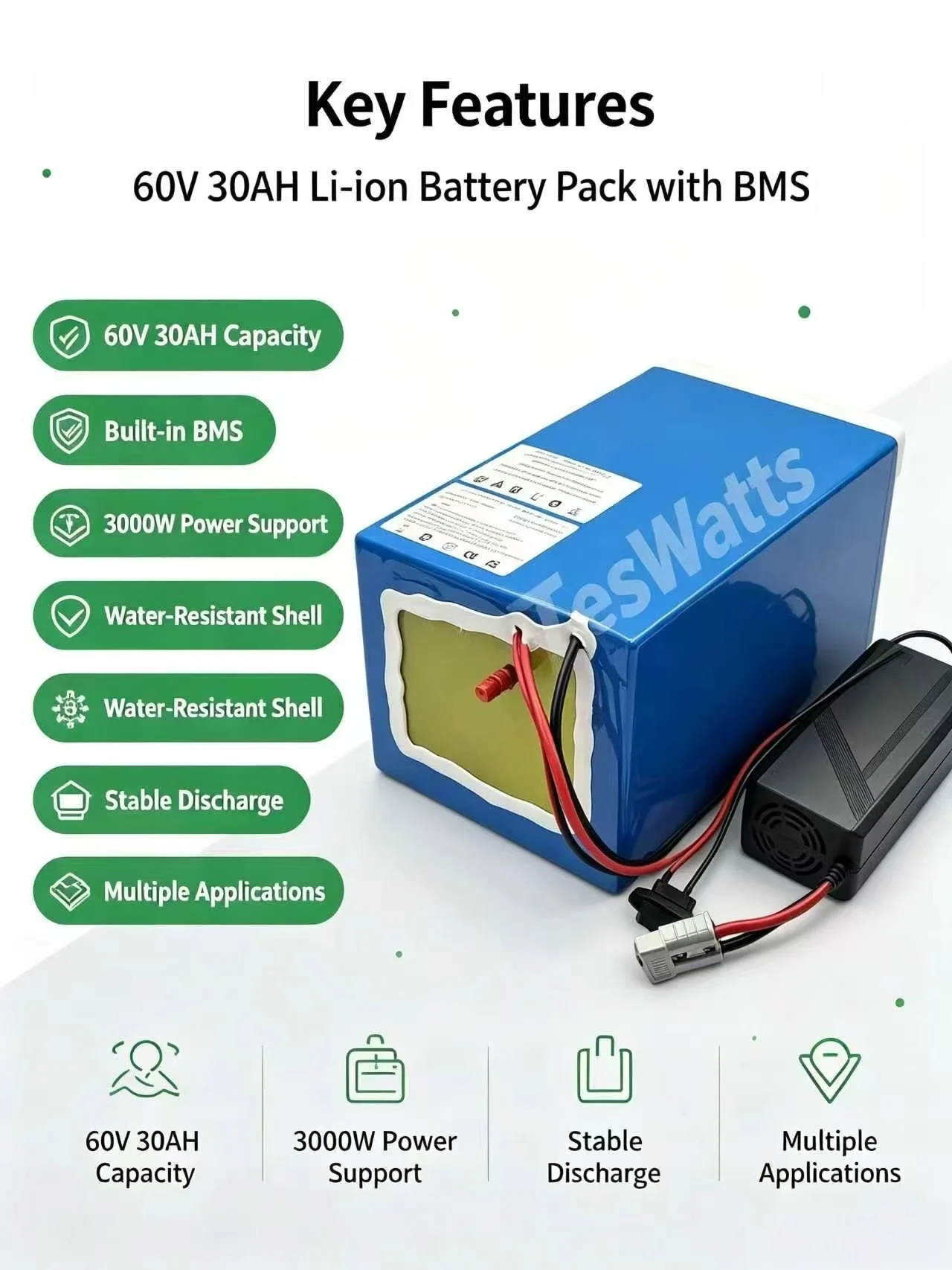 60v 30ah Li-ion Battery Pack BMS for 60v 3000W Two Wheel Small Vehicle Forklift Golf Cart Power Supply