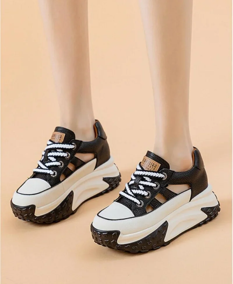 

2024 Genuine Leather Summer Shoes Women Hollow Out Chunky Sneakers Female Vulcanize Comfy Lace Up Fashion Ladies Platform Shoes