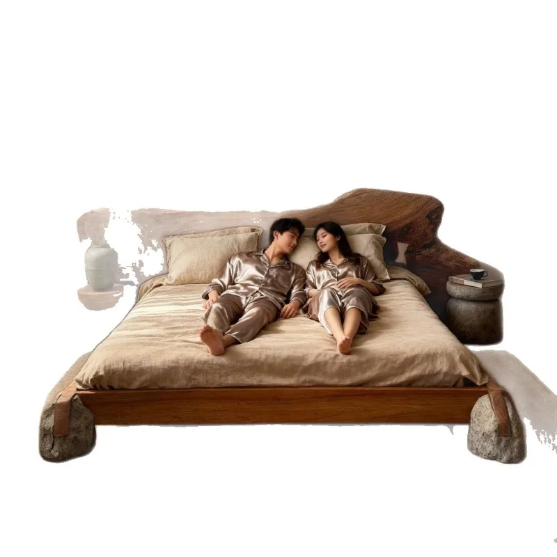 Wabi-sabi wind log bed, solid wood double bed, primary and secondary bedroom tatami bed and breakfast hotel weathered wood