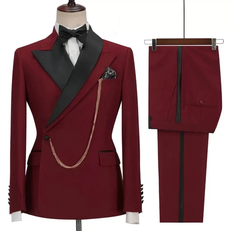 

Men Suit 2 Pieces Burgundy With Black Peaked Lapel Business Casual For Wedding Groom Banquet Work Tuxedo Set Jacket With Pants