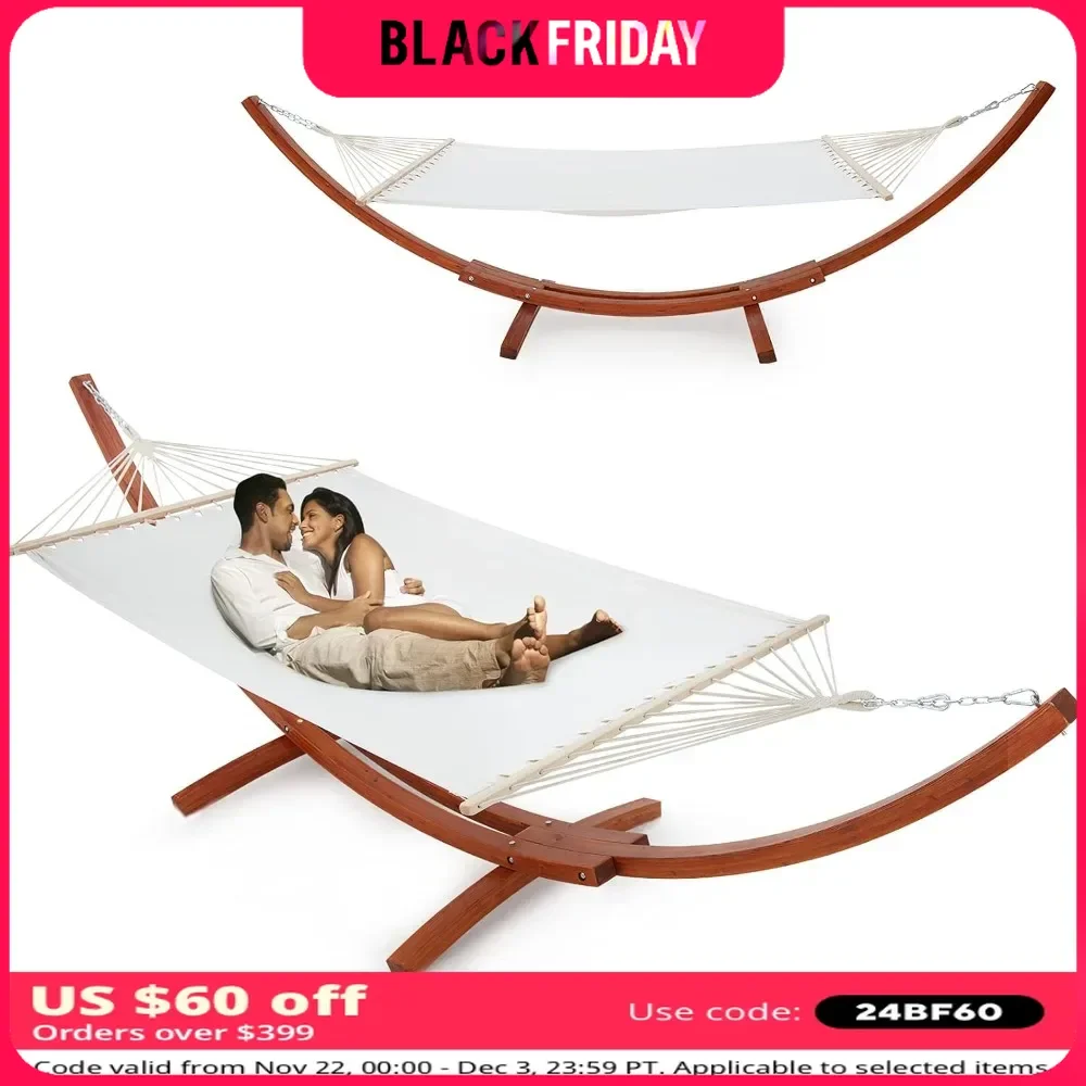 Hammock with Stand,Hardwood Spreader Bar & Nylon Rope, Easy Assemble, 550lbs Capacity, Double Hammock