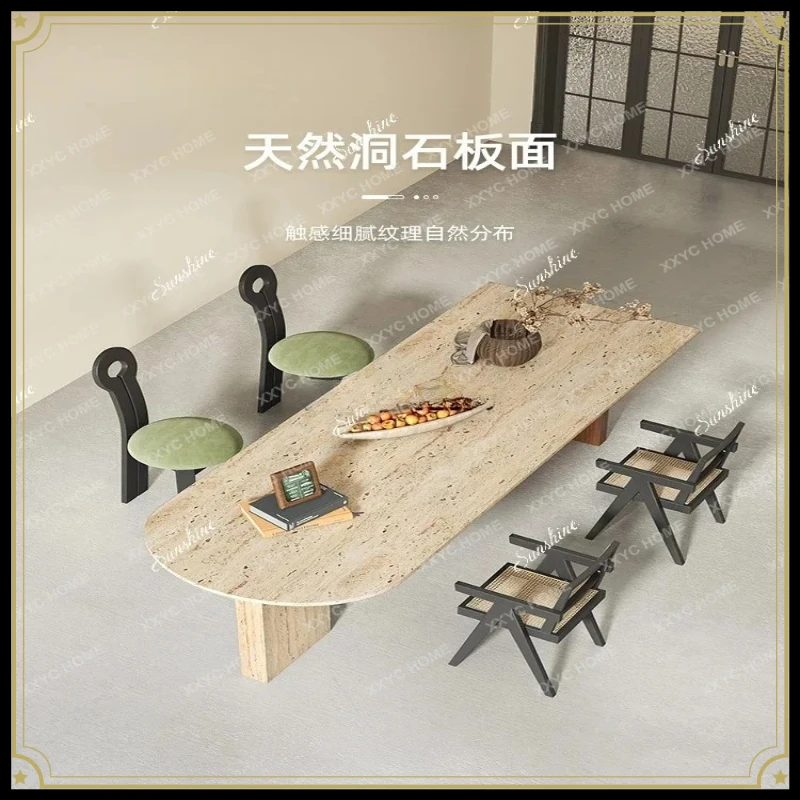 X-S cream wind tunnel stone dining table small apartment semi-oval island HG