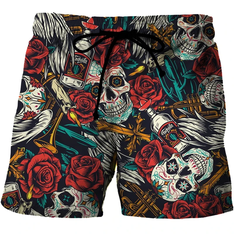 

Hawaiian Funny Skull 3D Printed Beach Shorts Hip Hop Goth Skeleton Graphic Short Pants For Men Vacation Y2k Boy Trunks Trousers