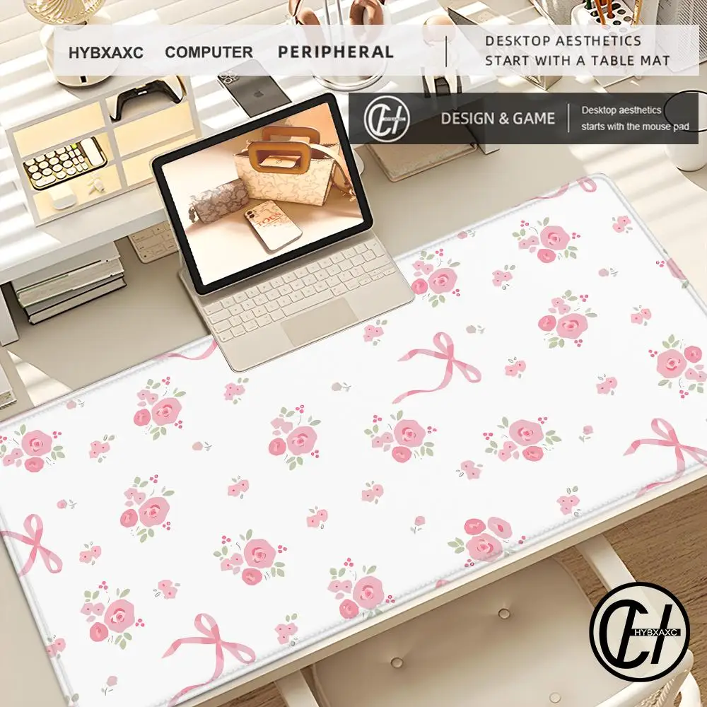 Light Pink Lovely Flower Green Leaves Bow Aesthetic Large Gaming Mouse Pad Non-slip Office Accessories Birth day HYBXAXC Friends