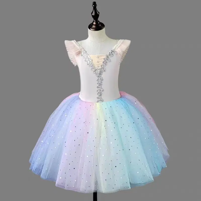 Vestido de balé com lantejoulas infantil, princesa Tutu, roupa de dança, saias infantis, 7 cores, performance