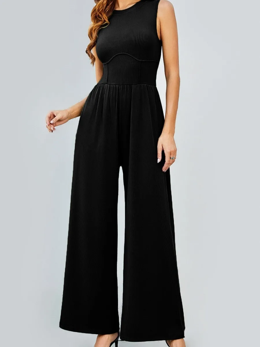 Kombinezon damski z wysokim stanem, dopasowany, z szerokimi nogawkami, prostymi, długimi spodniami, w jednolitym kolorze, modny zestaw na jesień.