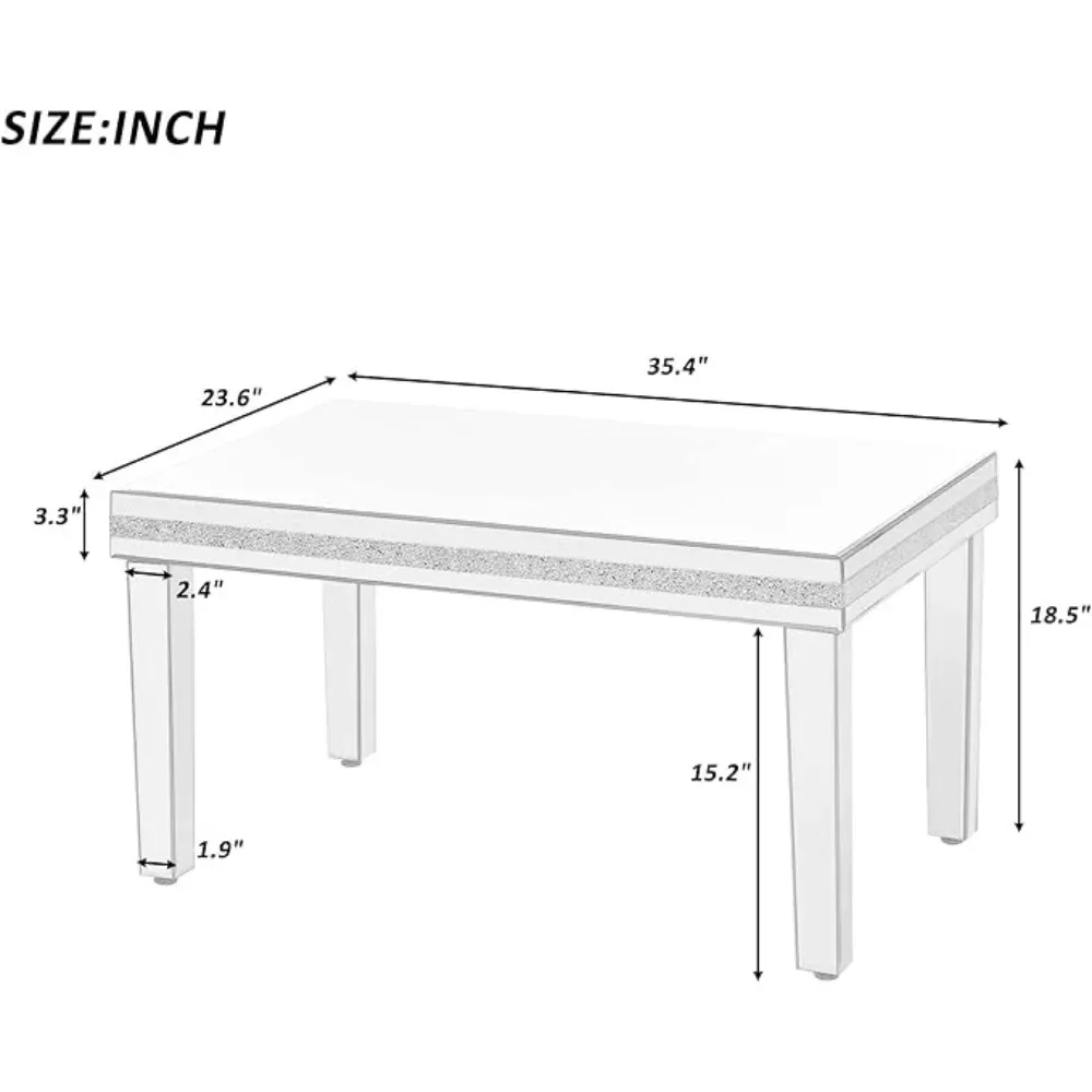 Mirrored Glass Coffee Table Set with Crystal Design Rectangle Center Table and 2 End Tables for Living Room Apartment Office