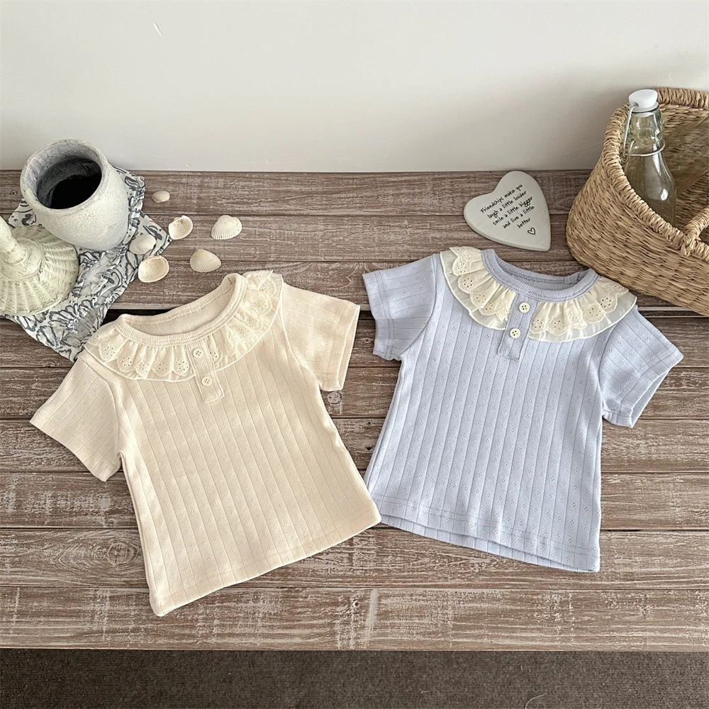 

Летние футболки для девочек 9М-3Т с коротким рукавом, милые топы с кружевным воротником, ажурные хлопковые футболки для малышей, одежда для младенцев и малышей