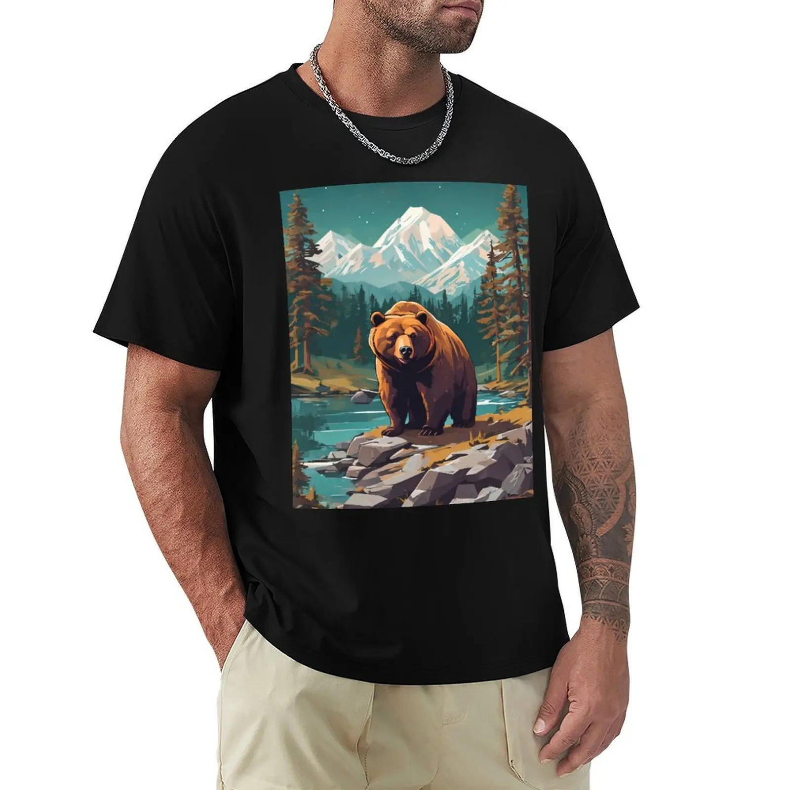 Nature Grizzly Bear T-Shirt Plus Size Basic Cotton T-Shirt