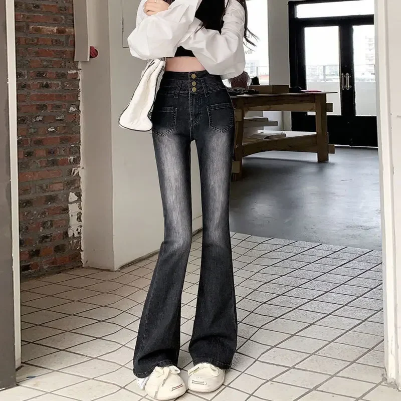 High-Waisted Denim Bootcut Pants Ultra-Elastic Straight-Leg Slims Grey Charcoal Korean Style Women's Trousers Smooths Your Silho