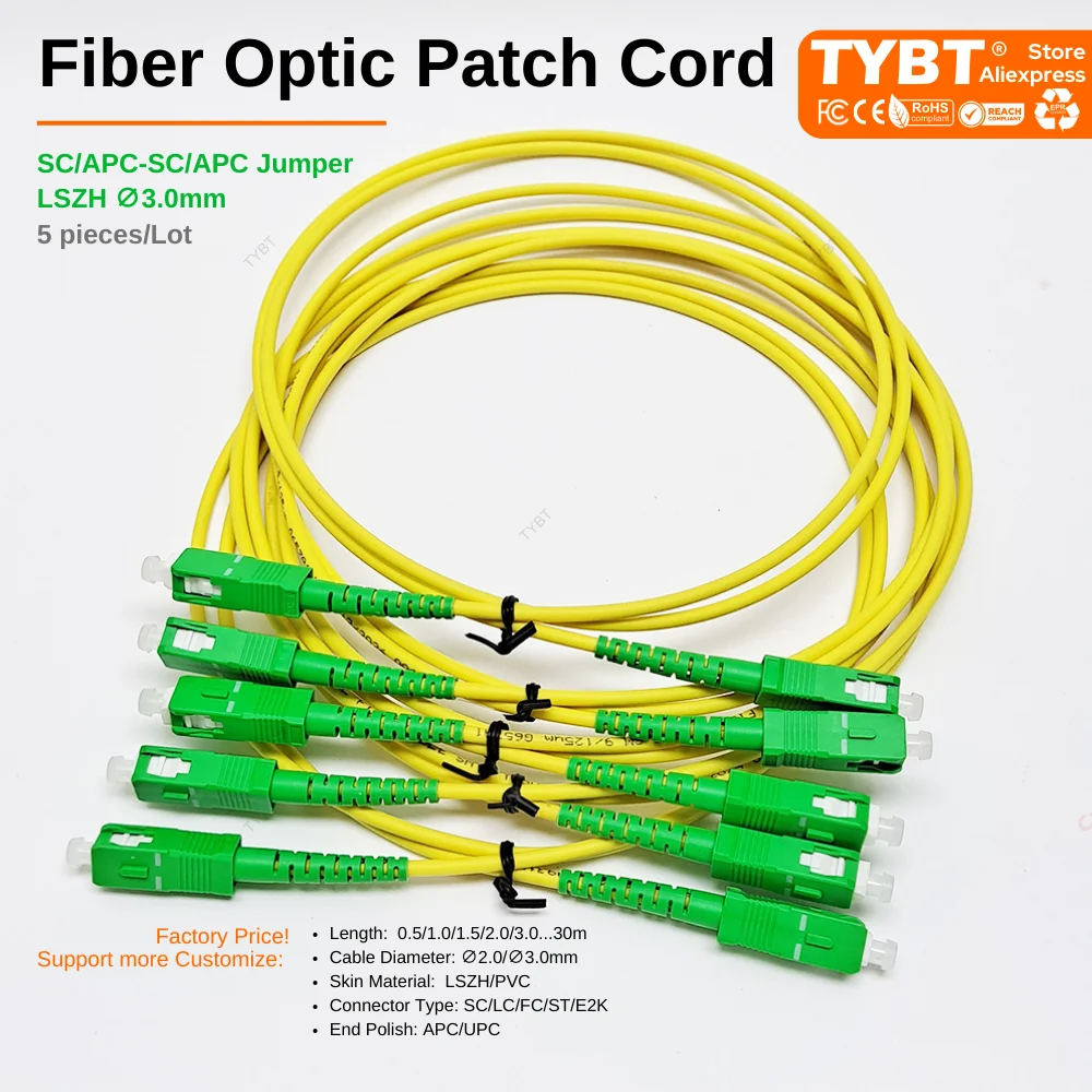 Original Fiber Optic Patch Cord Jumper SC APC 5piece Lot Factory sell SC/APC-APC Support Length /Polish LC FC ST UPC customize