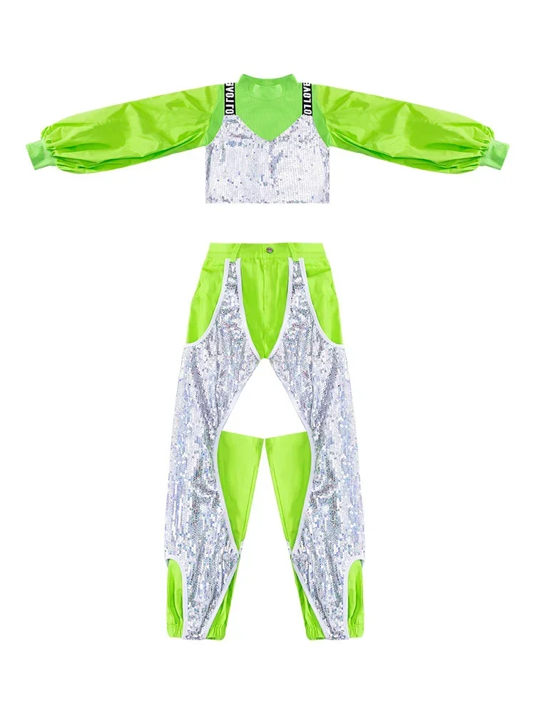 

Girls Hip Hop Dancing Clothing Kid Sequins Stitching Green Jazz Costumes Performance Dancewear Street Dance Stage Clothes Outfit