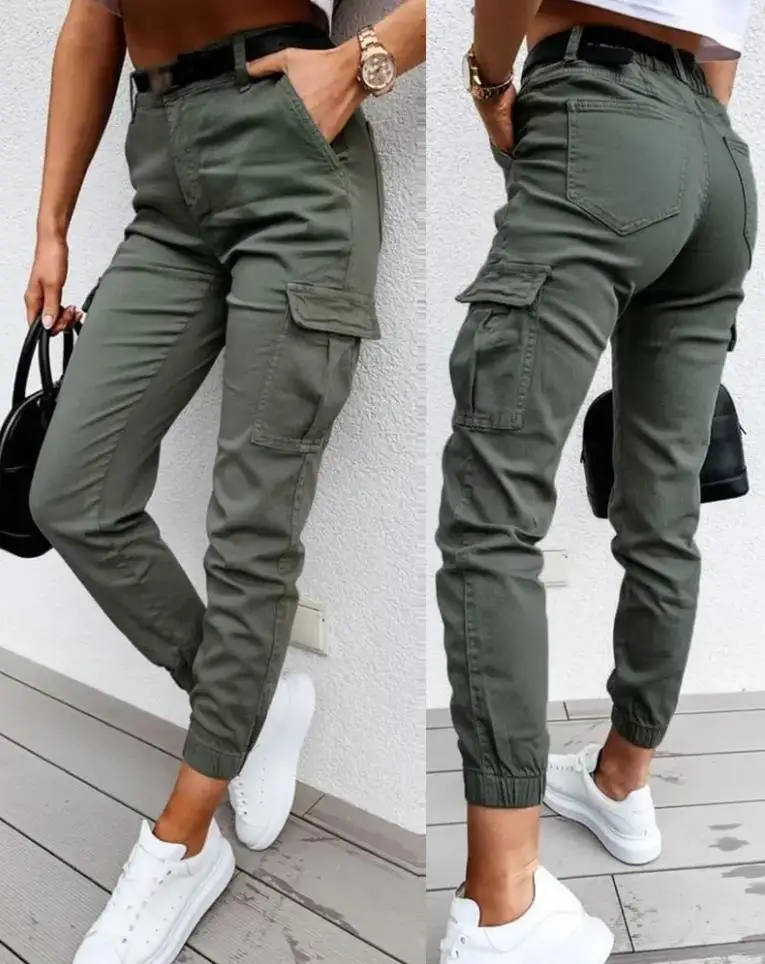 

Pocket Design High Waist Cargo Pants for Women 2024 Spring Summer Solid Color Temperament Commuter Skinny Long Pants