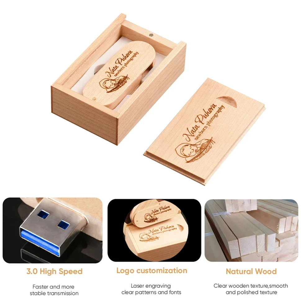 JASTER 1 PCS Free Custom Logo Wooden USB 3.0 Box Pen Drive 4GB 8G 16G 32GB 64G USB Flash Drive Photography Wedding Gifts