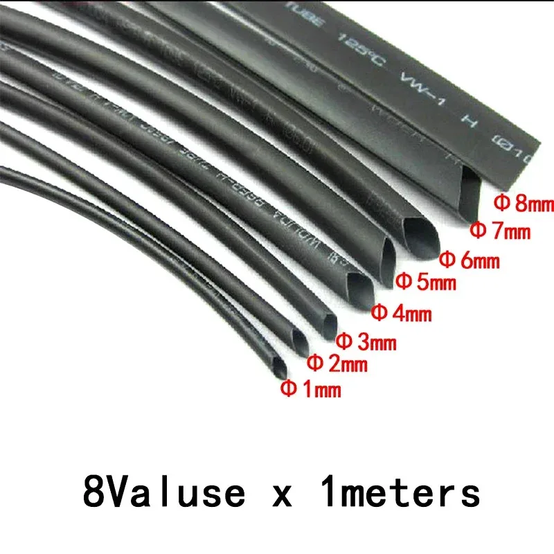 8 Meter/set Heat Shrink Tubing 1/2/3/4/5/6/8mm 2:1 Black Insulation Shrink Wrapping Heat Shrink for Cable DIY Connector Wire Kit