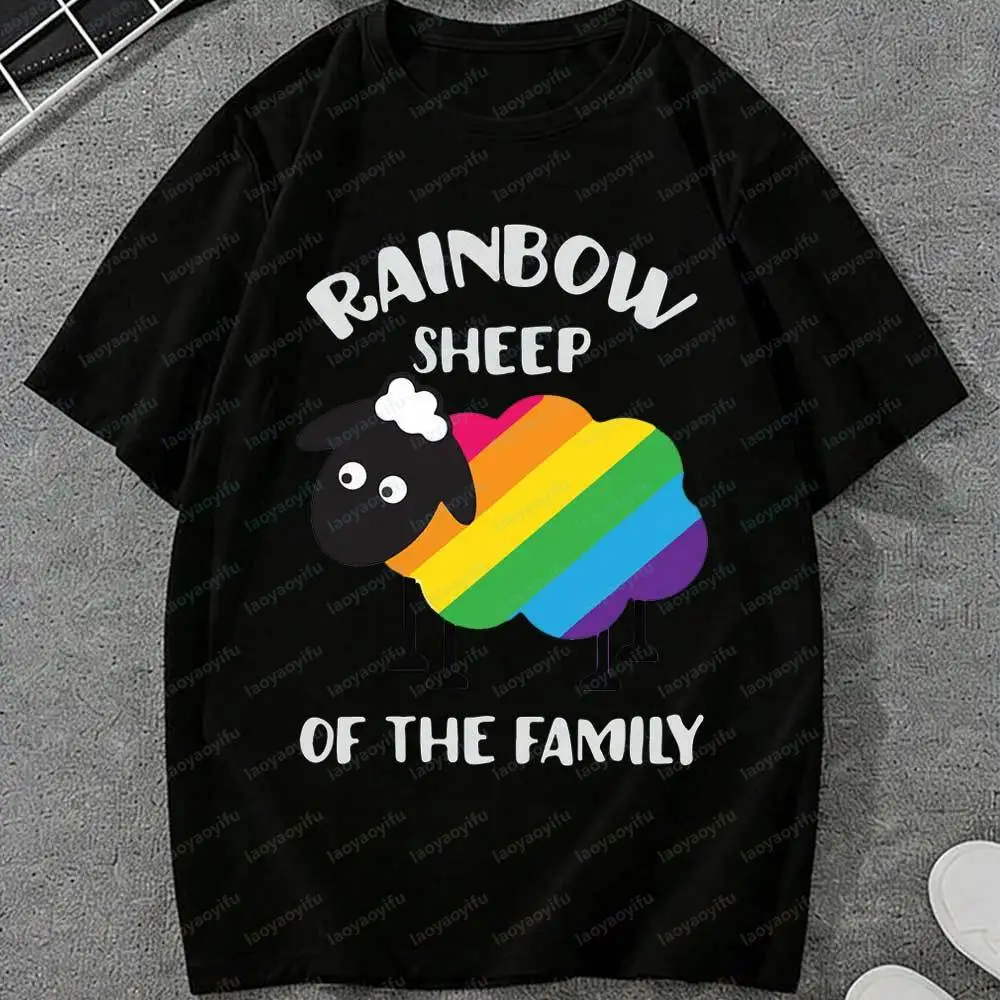 LGBT Rainbow Sheep of The Family T-Shirt Cute Pride Cartoon Cotton Casual Short Sleeve for Men Women LGBTQ+ Support Graphic Top