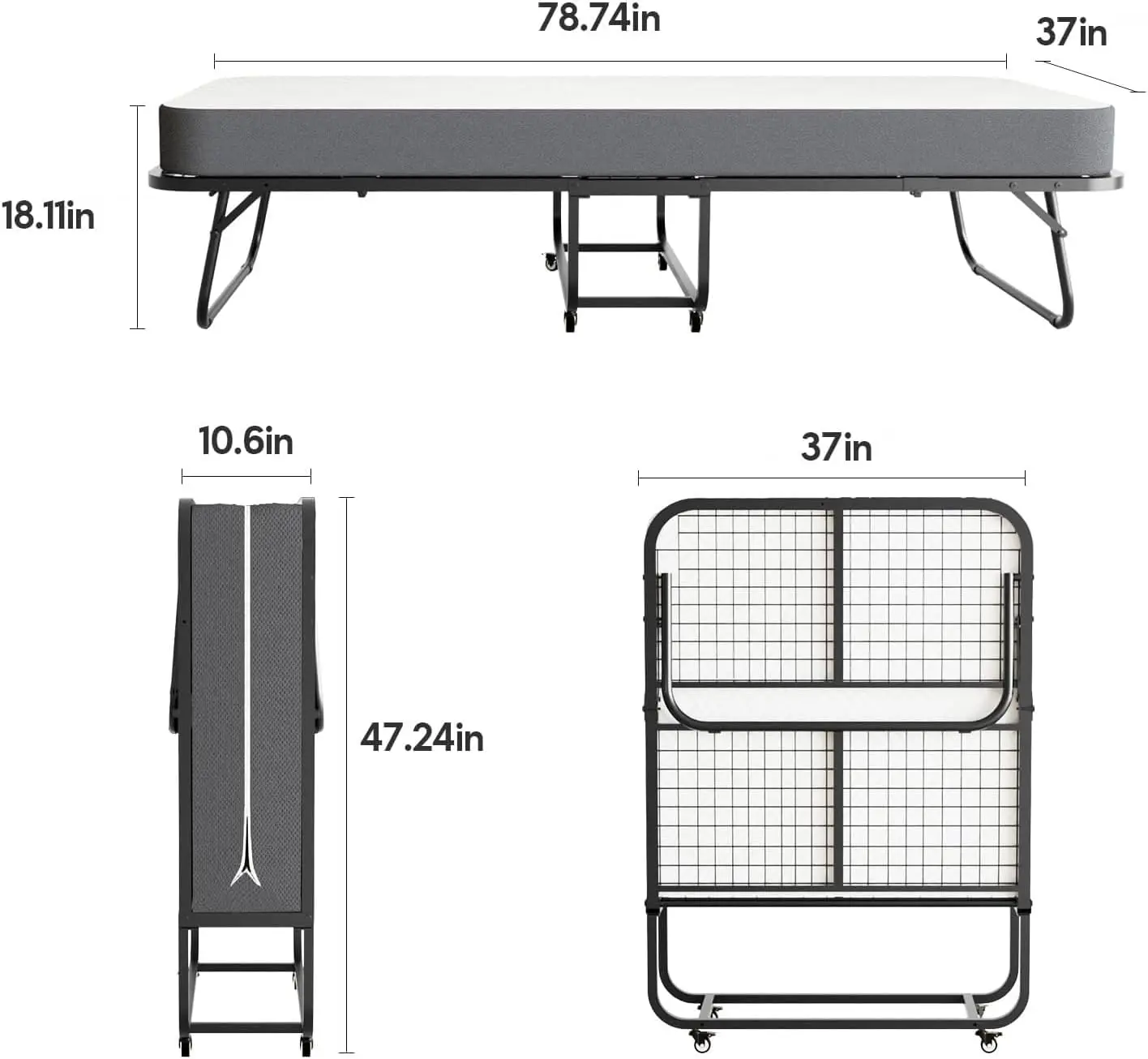 Folding Bed, (with 5.2" Thick Memory Foam Mattress), 79 x 37 inch, Portable Foldable Adult with Mattress for Guest use