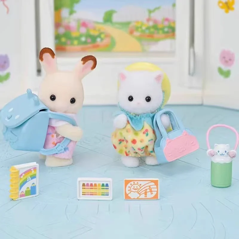 Sylvanian famílias boneca em miniatura acessórios bonito coelho berçário amigos andando ao longo duo crianças fingir jogar brinquedos para meninas presente