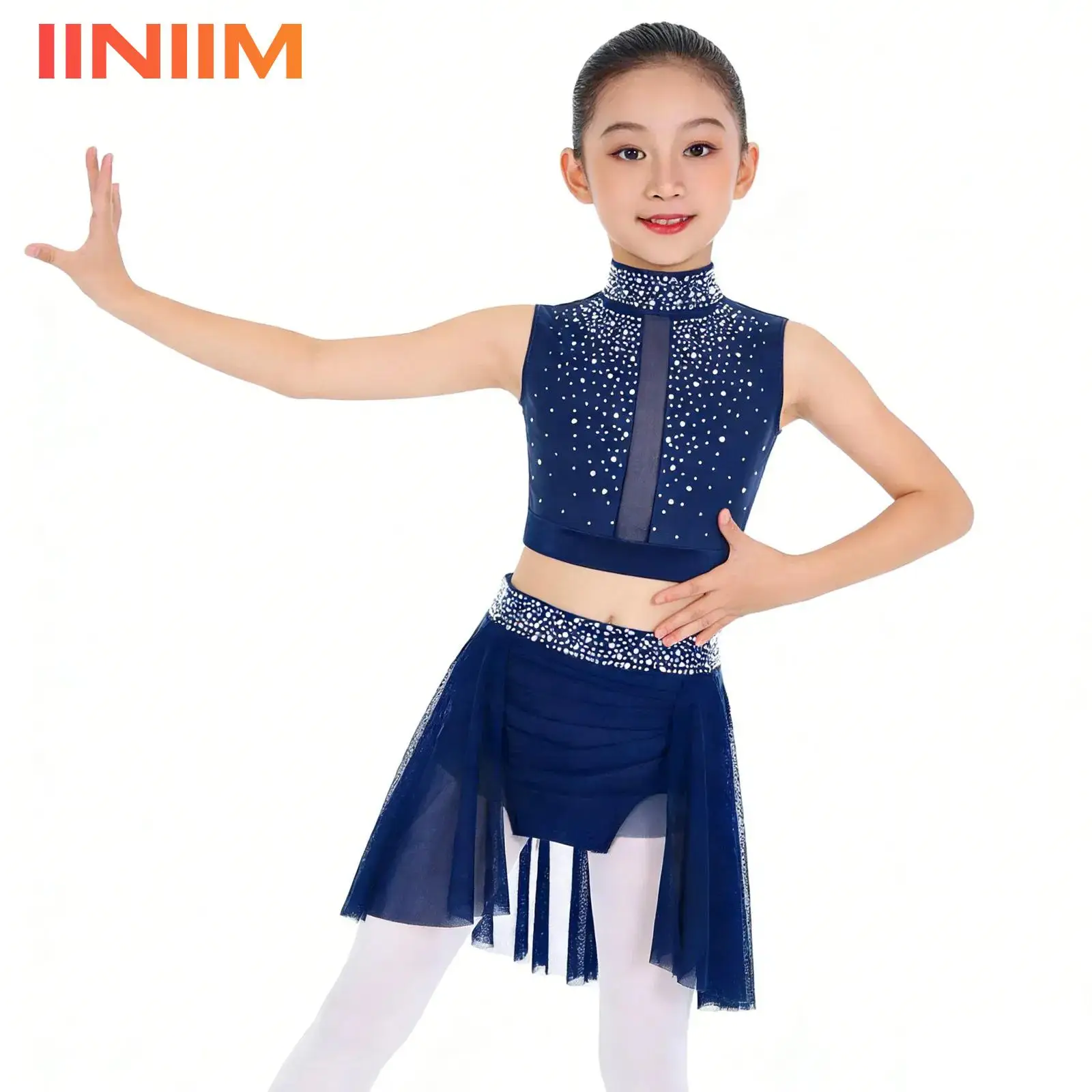 

Детские блестящие костюмы для балета и латиноамериканских танцев для девочек: топ с пайетками и юбка с драпировкой и асимметричным подолом