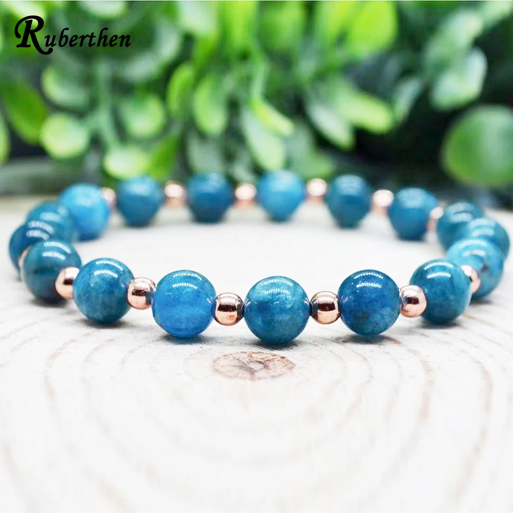 Ruberthen New Design Untreated Copper Beads With AAA Grade Blue Apatite Bracelet Womens Beaded Gemstone Energy Healing Jewelry