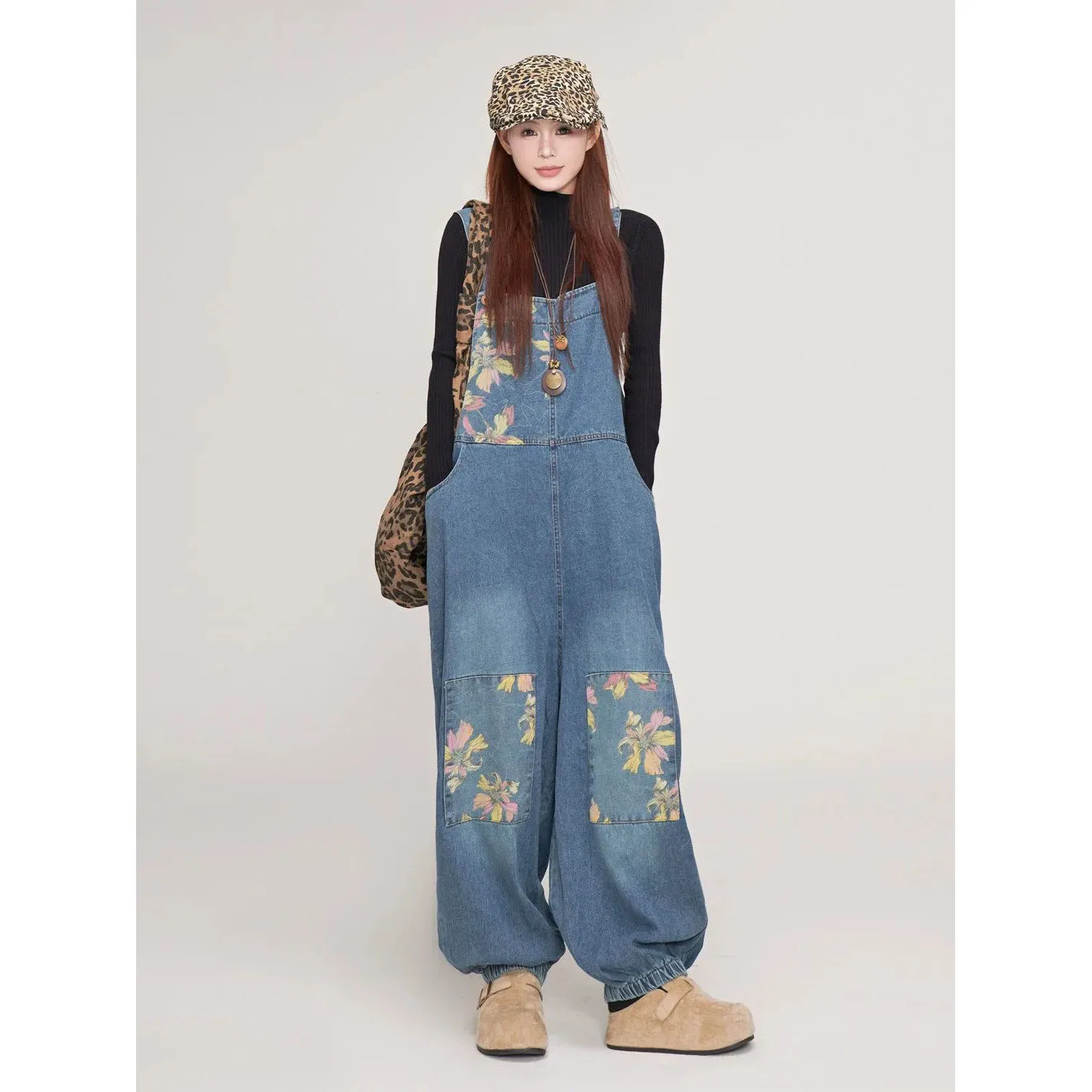 Retro Printed Denim Overalls Women's Spring Autumn New Korean Retro Straps Suspenders Loose Wide-leg Pants Female Jeans Jumpsuit