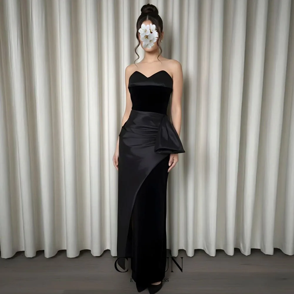 CUYUN Customized Straight Black Prom Gown Strapless Side Slit Evening Gown Floor-Length Patchwork Women Party Gown for Banquet