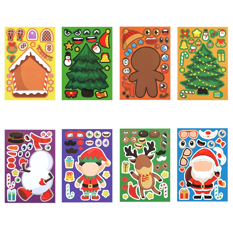 8Sheets Christmas DIY Puzzle Cute Sticker Santa Claus Xmas Tree Socks Face Assemble Stickers Kids Christmas Gife Diy Scrapbook