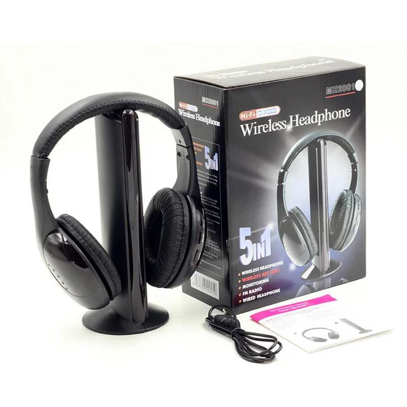 5 In 1 HiFi Wireless Headphones For TV Or Computer FM Radio Earphones Headsets With Microphone And Wireless Receiver