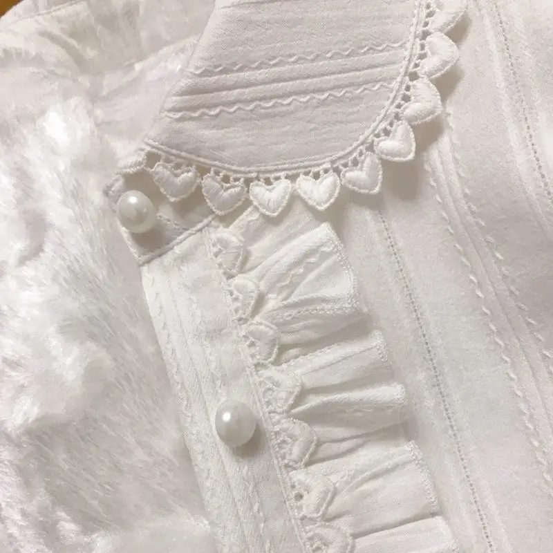 ญี่ปุ่น Preppy เสื้อสีขาวผู้หญิง Vintage Elegant Lace Ruffles เสื้อหวาน Lolita แขนยาว Slim Crop Tops ใหม่