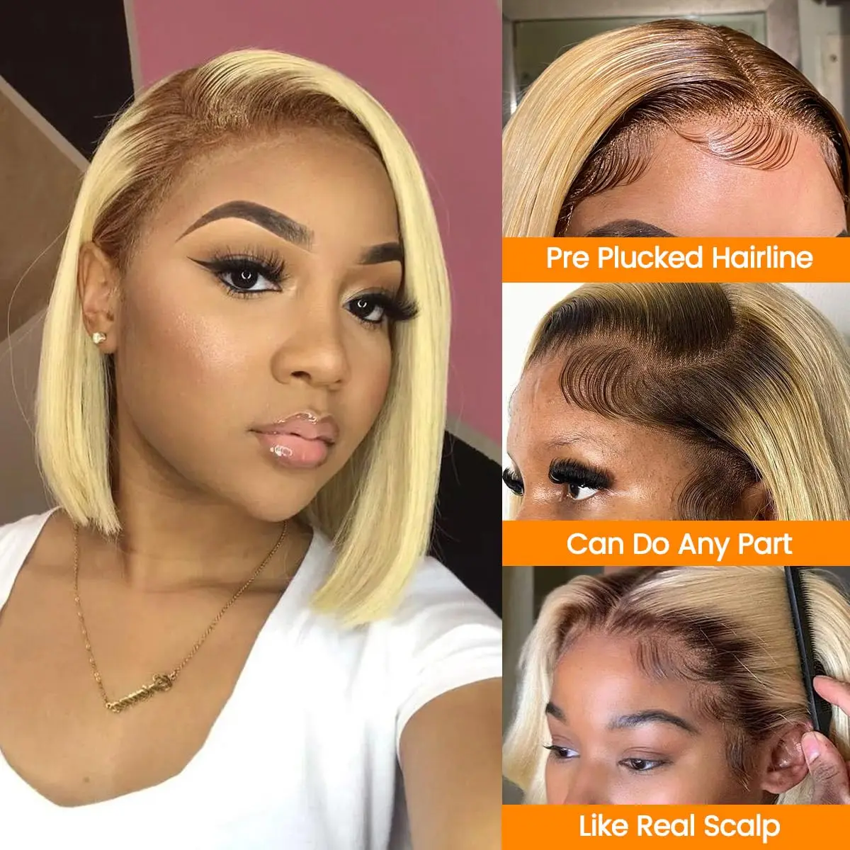 Ombre Blonde Short Bob Wig 13x4 Lace Front Human Hair Wigs For Women Straight 180% Density Dark Roots Glueless Lace Frontal Wig