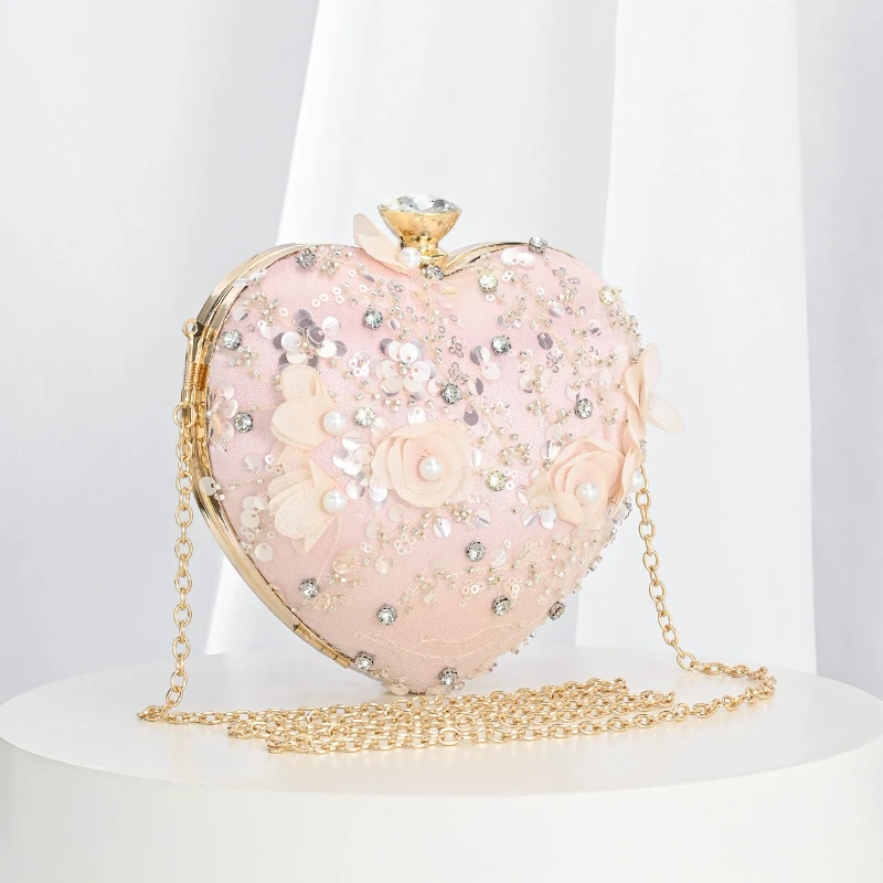 Pearl Pink Heart Shaped Evening Bag Women's Luxury 3D Flower Glitter Sequin Rhinestone Clutch Wedding Banquet Party Handbag