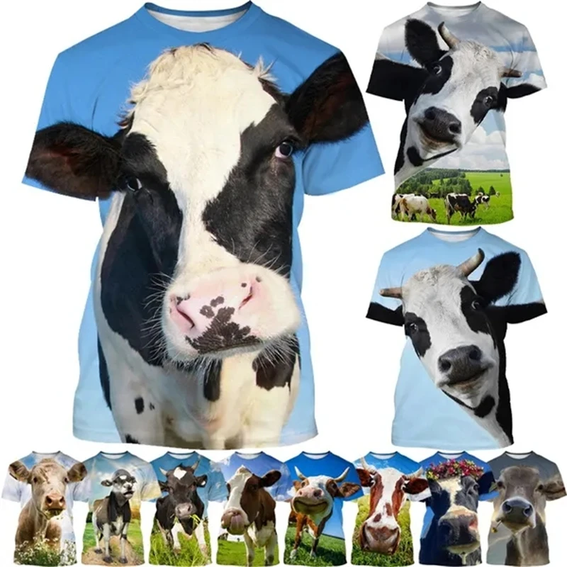 Hot Sale Cow Animal Personality T-shirt Funny 3D Animal Cow Men's And Women's Animal Pattern Round Neck Short Sleeve Top Female