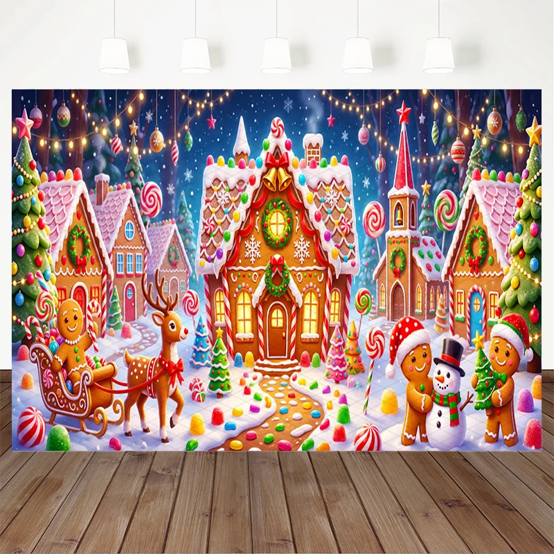 Mocsicka Sweet Candy Xmas Backdrop Gingerbread House Wreath Bell Tree Snowflake Bokeh Light Child Christmas Shooting Backgrounds