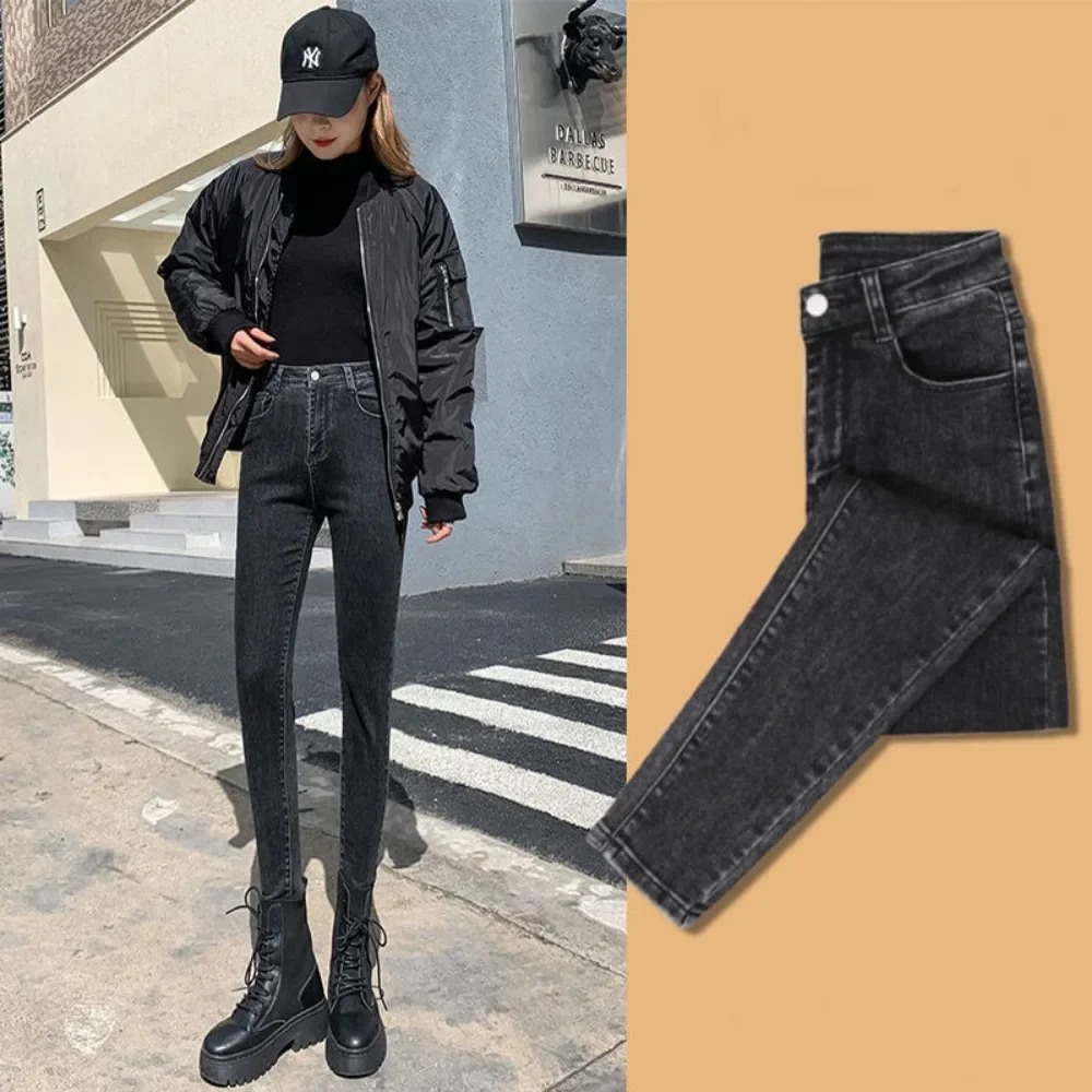 

Зимние толстые женские бархатные женские джинсы скинни с высокой талией, простые флисовые теплые облегающие эластичные женские повседневные джинсовые брюки-карандаш