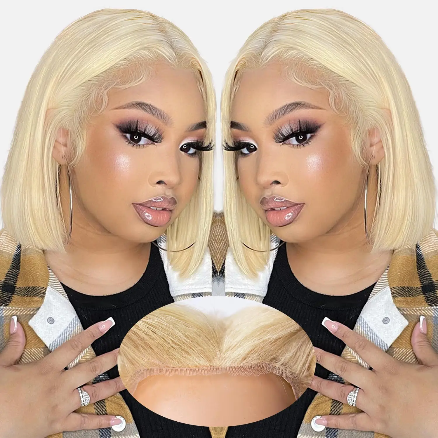 

Blonde Bob Glueless Wig Human Hair Pre Plucked Pre Cut 14 Inch 13x4 Blonde HD Lace Closure Wig 613 Pre Bleached Wear and Go Wig